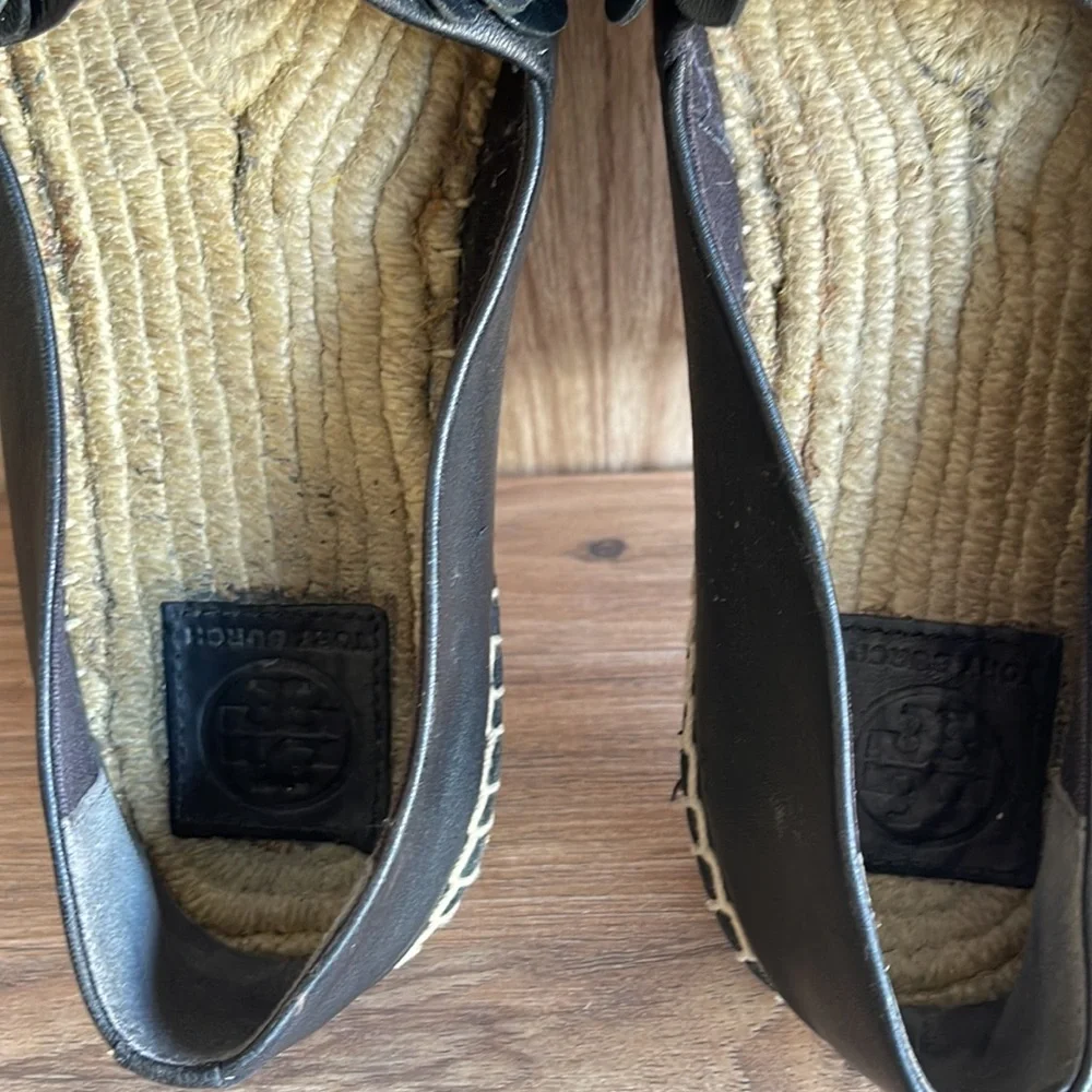Tory Burch Blossom Leather Espadrille Black Flower Slip On Shoe Women’s Size 10